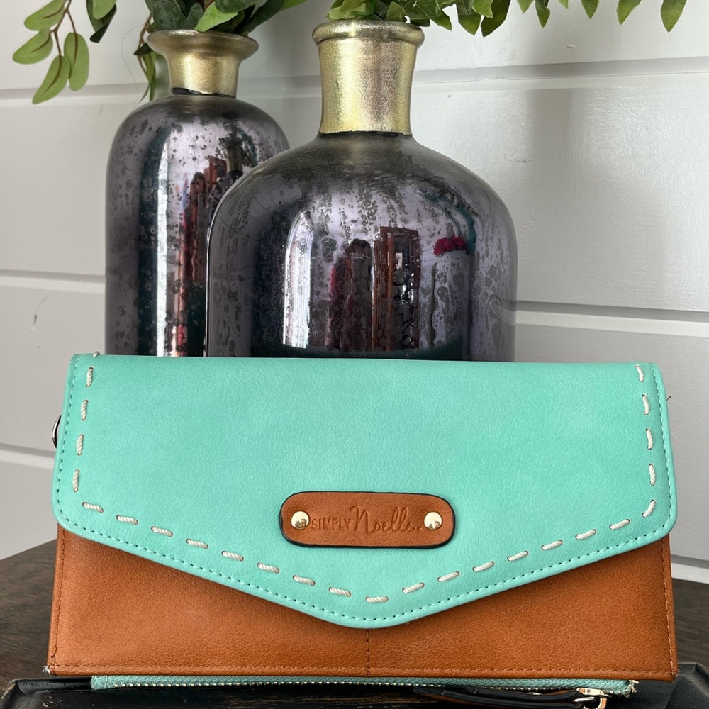 SIMPLY NOELLE Wallet Turquoise/Brown, with ivory stitching